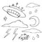 Doodle set on the theme of UFOs, flying saucers, clouds, sky. Hand drawing. Vector illustration