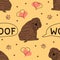 Doodle Shar Pei woof seamless pattern background with paw prints and hearts. Cartoon dog puppy background. Hand drawn childish