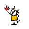 Doodle simple drawn stick figure devil with big horns holds a fire in his raised hand and gets angry.