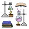 Doodle sketch chemical devices, flasks, books. Cartoon illustration