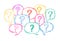 Doodle sketch question marks set inside speech bubbles