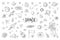 Doodle space. Trendy universe pattern, star astronaut meteor rocket comet astronomy elements. Vector cosmic pencil