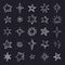 Doodle stars on black background. Cute pen sketch space elements, simple geometric set. Vector hand drawn star pattern