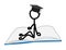 Doodle stickfigure with black graduate cap sitting on open books