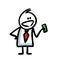 Doodle stickman in office dress code costume holding out a green banknote.