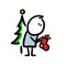 Doodle stickman with sock and presents under the christmas tree.