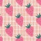 Doodle strawberry seamless pattern on stripes background. Sweet berries backdrop
