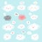 Doodle style fluffy clouds, emoticons set with emoji faces