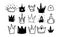 Doodle style hand drawing. Black and white crowns, different shapes. Isolated vector illustration