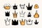 Doodle style hand drawing. Colored crowns, different shapes. Isolated vector illustration