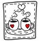 Doodle style illustration with two cups of coffee with red hearts and steam. Cute vector hand drawn illustration or