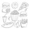 Doodle style various fast foods collection. Food icon set.