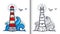 Doodle style white and red lighthouse vector coloring book illustration with colored sample and clear version isolated