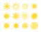 Doodle sun. Hand drawn cartoon yellow sketch sunrise. Vector cute scribble sunshine elements.