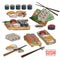 Doodle sushi and rolls on wood. Japanese traditional cuisine dishes set.