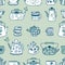 Doodle teapot, cups and mugs autumn seamless pattern. Perfect print for tea towel, dishcloth, stationery, textile and fabric. Hand