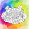 Doodle text back to school with various school supplies and rainbow watercolor splashes.