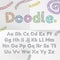 Doodle text font alphabet with wool knitted texture. Vector cartoon hand drawn letters of woven textile lines or color chalk doodl