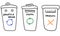 Doodle trash cans icons design, garbage bins for sorting waste, plastic can, paper recycling, organic waste container