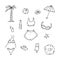 Doodle travel accessories set, palm, sea star, sunglasses, lollipop, umbrella, rainbow, cap, bottle, tank top, shorts