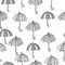 Doodle umbrellas seamless pattern with ornate lines and curls, open contour fantasy umbrellas on a white background