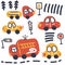 Doodle vector collection of cars, trucks, road signs and traffic lights.