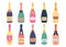 Doodle wine bottles. Cartoon champagne and prosecco alcohol drinks in vintage fancy glass bottles, white and red