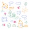 Doodles, children\\\'s drawings. Colorful children\\\'s drawings with houses, clouds and sheep.