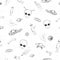Doodles endless backdrop. Hand drawn cosmic seamless pattern. . Black on white. Aliens, planets, UFO, comets, asteroids, space