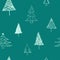 Doodles hand-drawn seamless pattern Christmas tree patterns on green background.