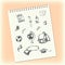 Doodles in a notebook. Hand drawn school objects. Schoolbag, apple, banana, globe, square academic cap, microscope, ball