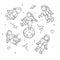 Doole set of little astronauts. Cartoon linear vector hand drawing icons set.