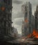 Doom\\\'s day apocalyptic scene of fire flames in ruined city with destroyed building, generative ai