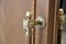 door classic handle made of bronze and expensive woods on a wooden door.