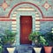 door entrance and flower pots in beautiful greek monastery(Greece)