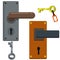 Door handle. Set of Lock and keyhole with a key. Opening and closing. Brown and grey doorway and entrance element