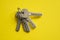 Door key lies on yellow background. Set of keys. Bunch of keys. House key. New house concept. Rental and Selling.