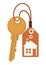 Door keys keyfob. Ring with trinket, keychains plastic tag hanging on keyring. House, apartment or room locking