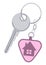 Door keys keyfob. Ring with trinket, keychains plastic tag hanging on keyring. House, apartment or room locking