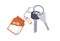Door keys, tag and trinket, pendant hanging on keyring, keyholder. Keychain, ring with milk box toy. Apartment locking