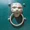 A door knocker is a fixture on the front door of a house. It is made of metal and has the form of a ring, which is