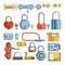 Door locks and padlock latches keys vector retro and modern flat icons