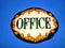 Door sign `OFFICE`, traditional portuguese pattern, on blue background