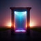 Door to another dimension. Glowing doorway in a field. Luminous portal. Digital illustration. AI-generated