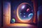 Through the door and window, a child\\\'s room offers a view of a galactic dreamland