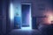 Through the door and window, a child\\\'s room offers a view of a galactic dreamland