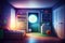Through the door and window, a child\\\'s room offers a view of a galactic dreamland