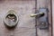 Doorknob and knocker on old wooden door