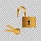 Doorlock, padlock, key icon gold-filled coloured on the grey background