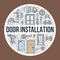 Doors installation, repair banner illustration. Vector line icons of various door types, handle, latch, lock, hinges